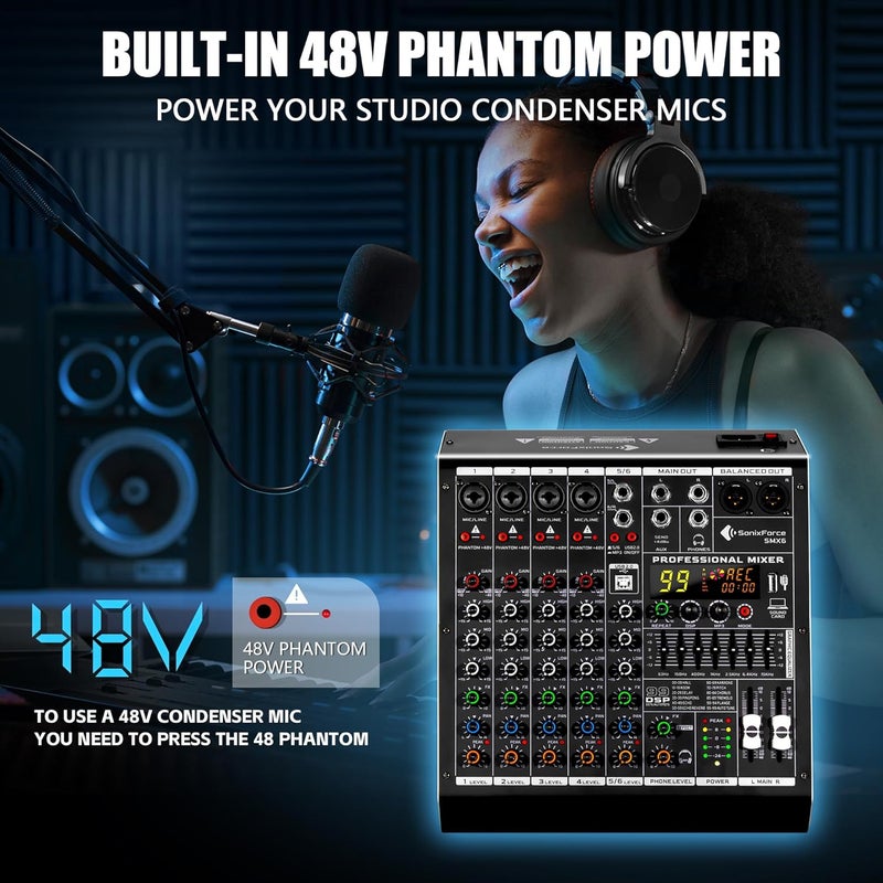 SonixForce 6 Channel Audio Mixer, 99 DSP Sound Board Console with 48V Phantom Power, Professional DJ Mixer for Podcasting, Streaming, Studio Recording (SMX6) - Image 5